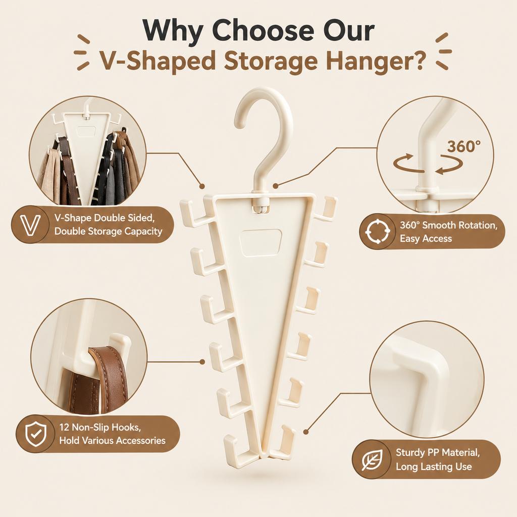 High-quality V-shaped 12-hook rotating hanger, 360 ° double-sided wardrobe storage rack, milky white, one