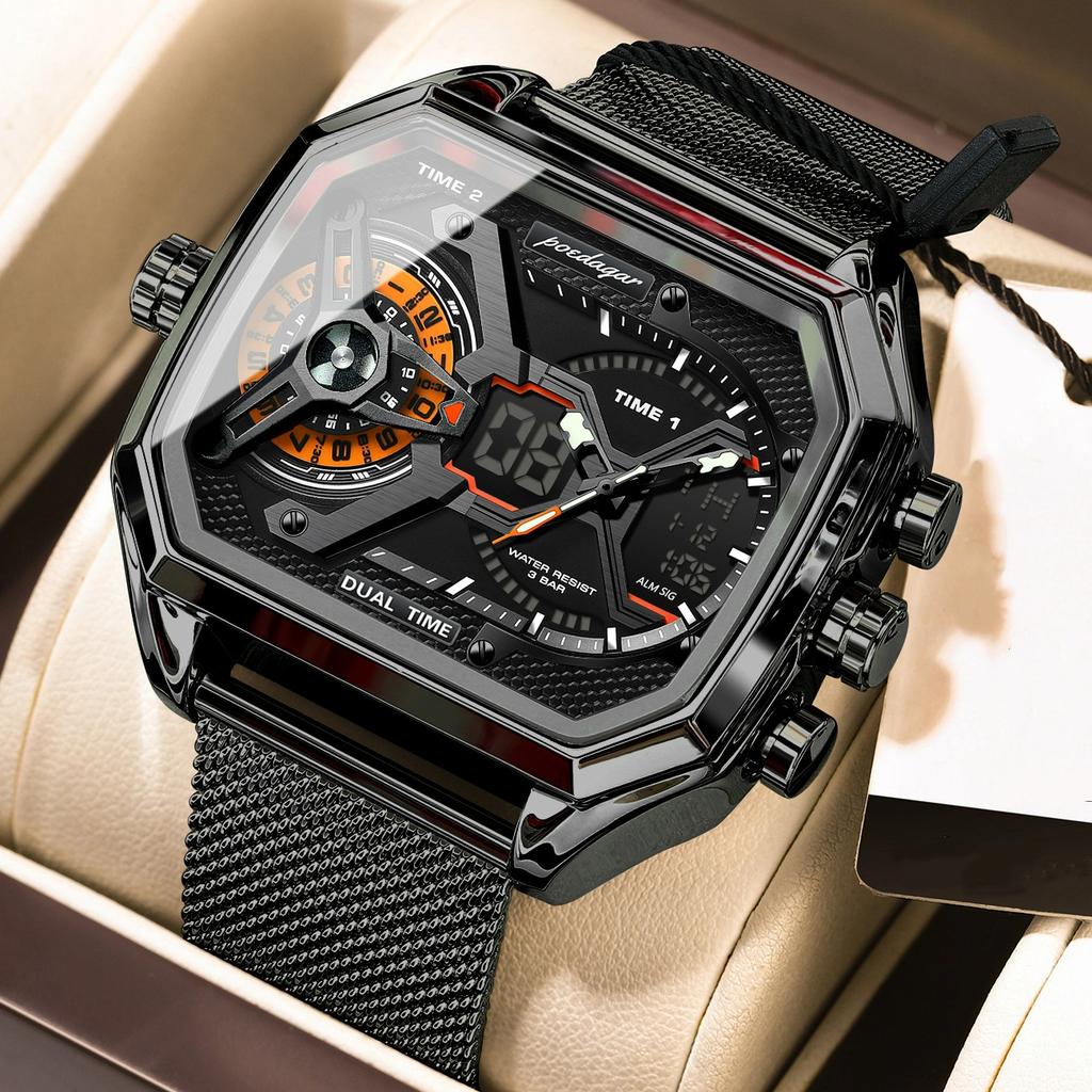 POEDAGAR Новые Роскошные Мужские Часы с Двойным Дисплеем, Дата, День Недели, Люминесцентные Светодиодные Мужские Часы, Сетчатый Ремешок, Электронные Спортивные Мужские Кварцевые Часы