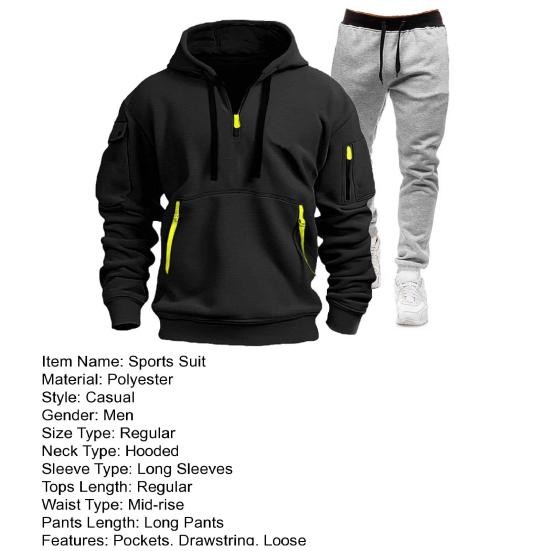 2Pcs/Set Men Sports Suit Hooded Drawstring Long Sleeve Pockets Sweatshirt Elastic Waist