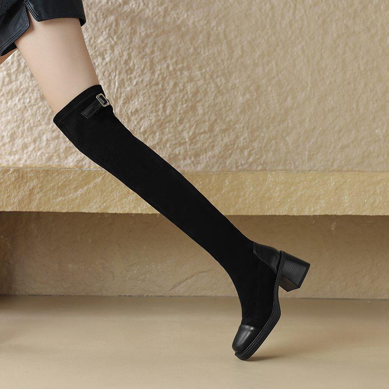 Krazing Pot Осенне-зимняя обувь из микрофибры, эластичные сапоги большого размера с квадратным носком, сохраняющие тепло, на молнии, размер 43, выше колена