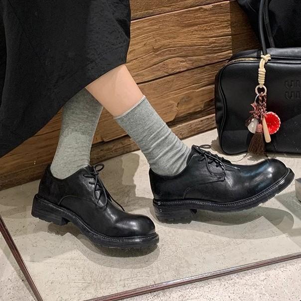 Grape Mother Autumn and Winter New Platform Loafers Women Wear Uniform Leather Shoes Washed Soft Leather British Style Shoes Women