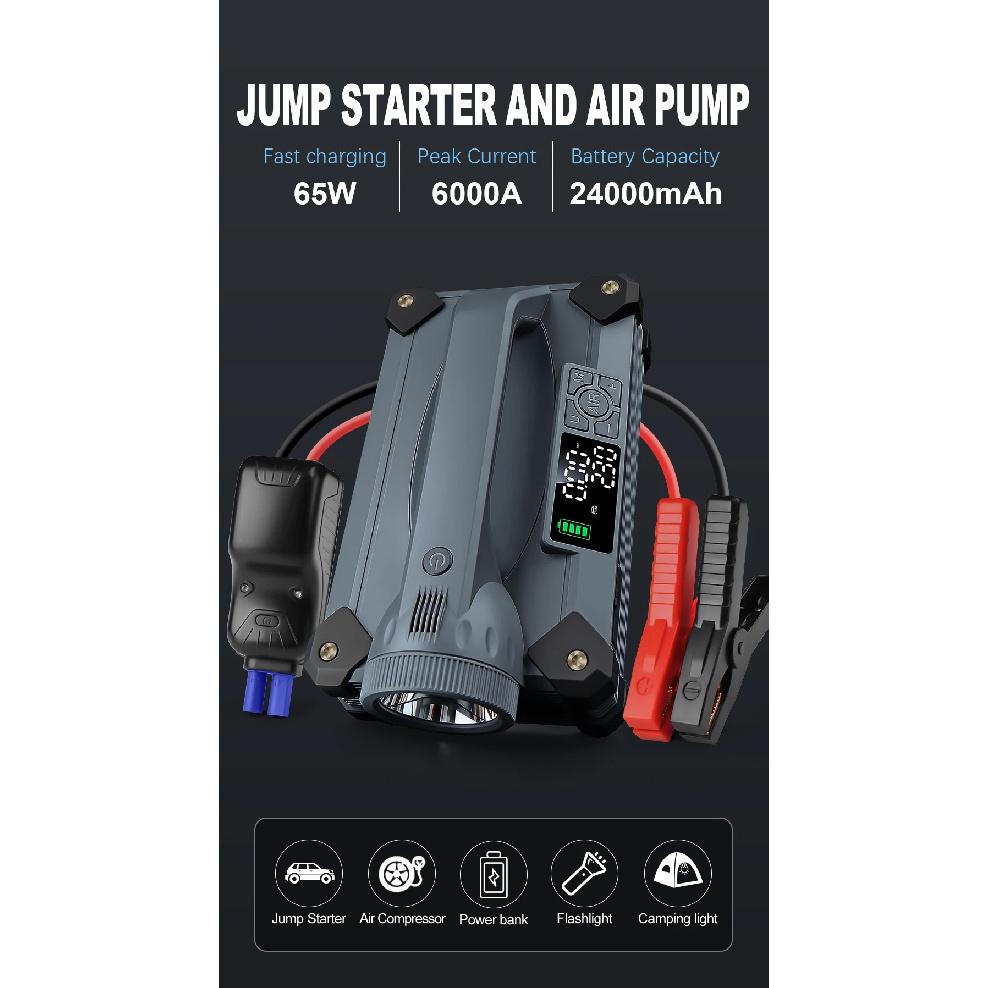 Пуско-зарядное устройство Camason Car Jump Starter 6000A/12V с компрессором для накачки шин, фонариком 15 Вт и функцией Power Bank 65 Вт