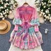 Summer Spring Women Lantern Sleeve Stand Collar Print Mini Short Beach Vacation Lace-up Dresses