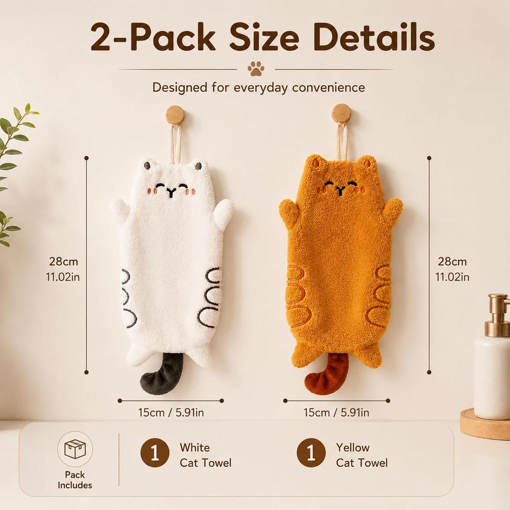 2-Pack Cute Cartoon Cat Coral Fleece Hanging Towels - Ultra Soft, Quick-Dry | for Kitchen & Bathroom Hand Towels with Loop | Adorable White & Yellow