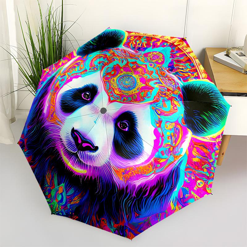 Psychedelic Panda Automatic folding umbrella simple eight rib design, bright color pattern, durable iron frame, ideal for travel and outdoo