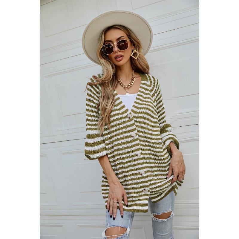 Осенне-зимний женский полосатый трикотажный свитер большого размера Loose Lazy однобортный кардиган с V-образным вырезом