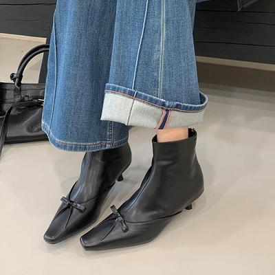 Модная обувь на низком каблуке Женские ботильоны стрейч до щиколотки Остроносые Модные с бантом-бабочкой Современные женские короткие ботинки Туфли-лодочки женские