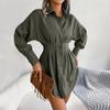 Women's Fashion Solid Color Long  Sleeve Neck Waist Dress Shirt Dress