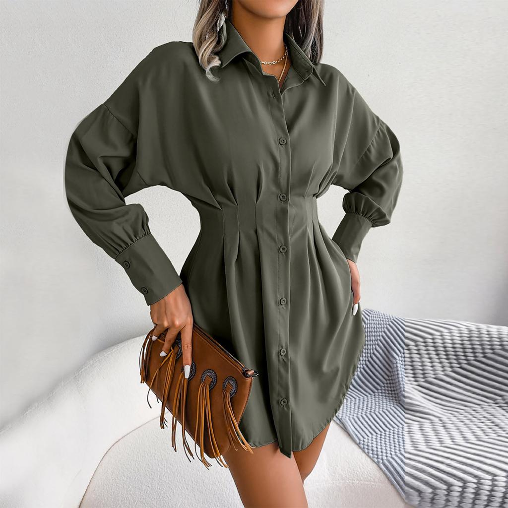 Women's Fashion Solid Color Long Sleeve Neck Waist Dress Shirt Dress