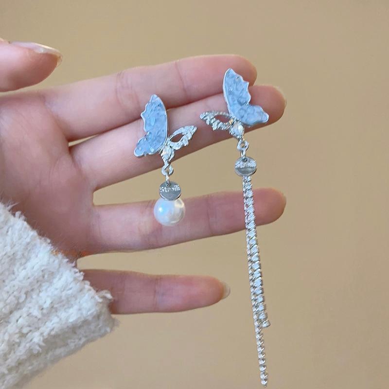 Silver needle asymmetrical blue butterfly tassel earrings women's high-end temperament long pearl stud earrings