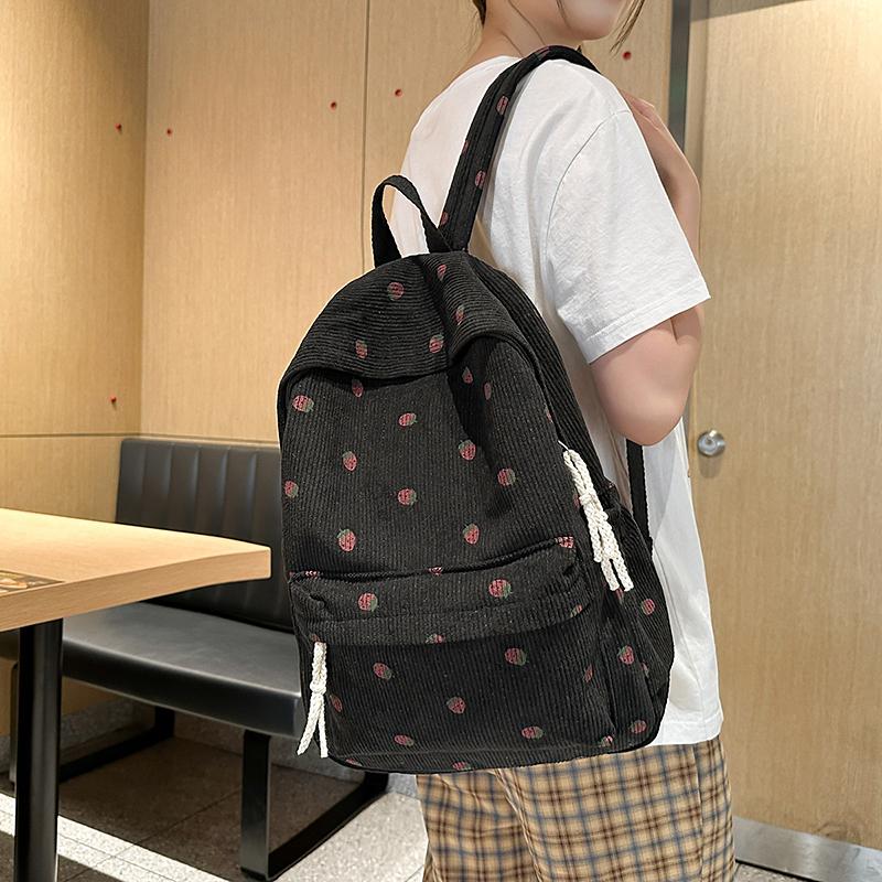 Женский вельветовый рюкзак с принтом клубники, школьный портфель для школьников