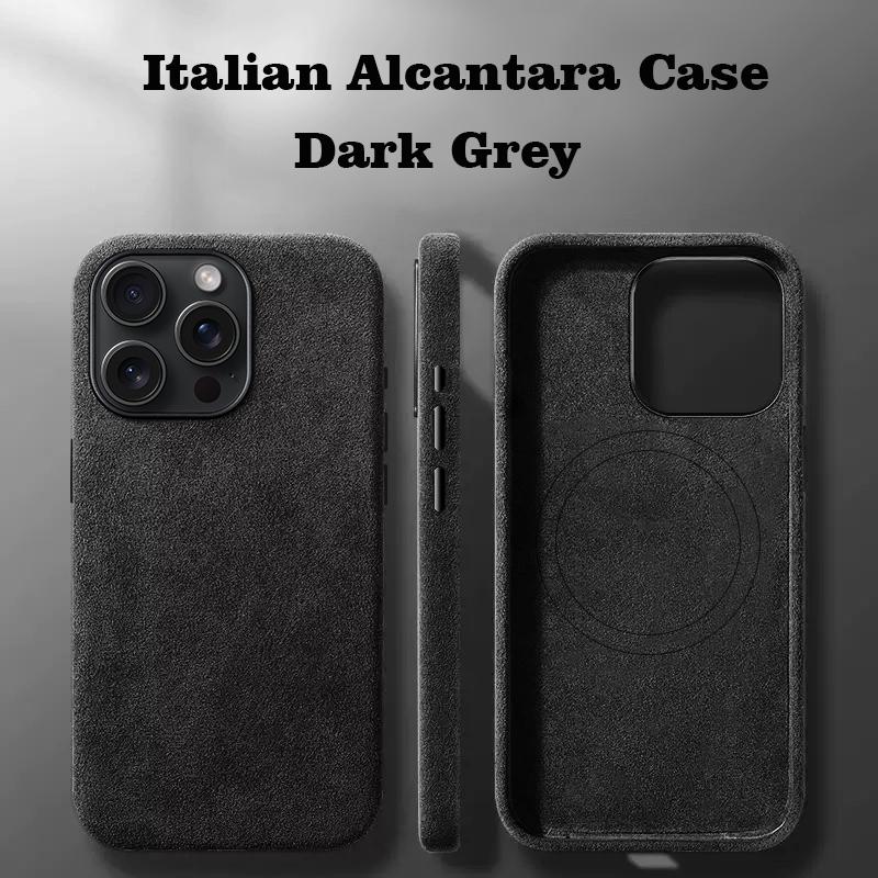Italian Alcantara Phone Case for iPhone 16 Pro Max Luxury Business Leather Case for iPhone 16 Pro Back Cover Grey Color Magnetic