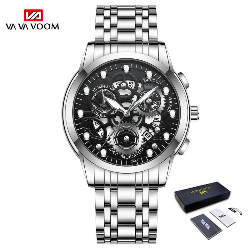 VA VA VOOM Золотые полые светящиеся кварцевые часы Часы со скелетом Мужские часы Импортные механизмы Деловые виды спорта для мужа Подарок Мужские часы из нержавеющей стали
