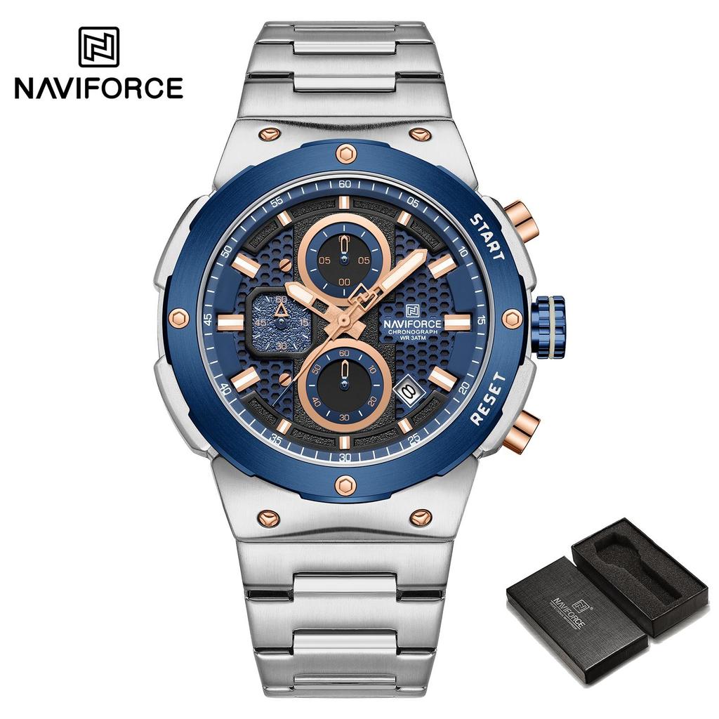Naviforce Мужские кварцевые часы с секундомером, хронографом, водонепроницаемые, с ремешком из нержавеющей стали, с календарем, светящиеся, мужские, модные, повседневные часы для мальчиков NF8072
