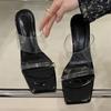 Eilyken New Design Crystal Wedges High Heels Women Slippers Fashion PVC Transparent Square Toe Banquet Slide Shoes