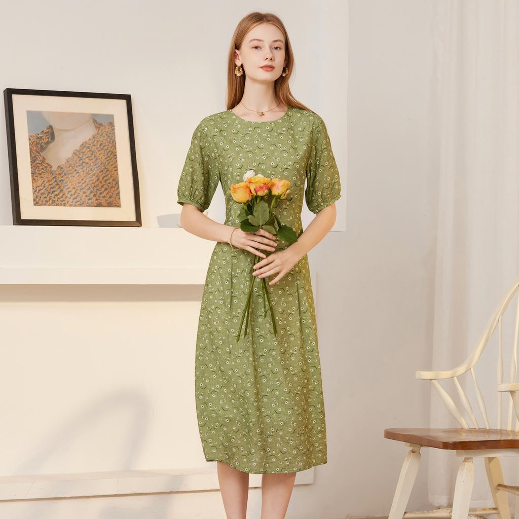 Fresh Round Neck Floral Dress with Feminine High-End Feel, Spring/Autumn Age-Reducing Bubble Sleeves