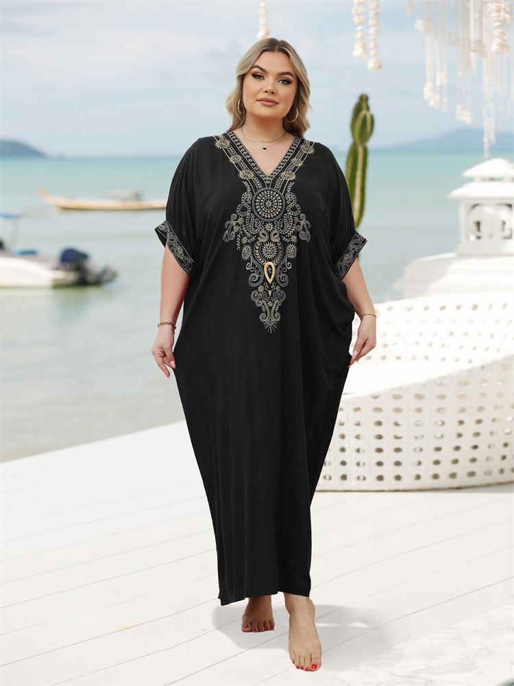EDOLYNSA Черный кафтан больших размеров с золотой вышивкой, платья для женщин, пляжная одежда с v-образным вырезом и рукавами-фонариками, купальник, свободный кафтан
