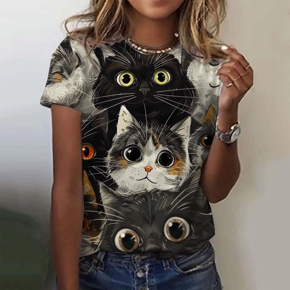 Женская футболка с короткими рукавами и принтом кота, повседневная, с 3D-узором для девочек на лето