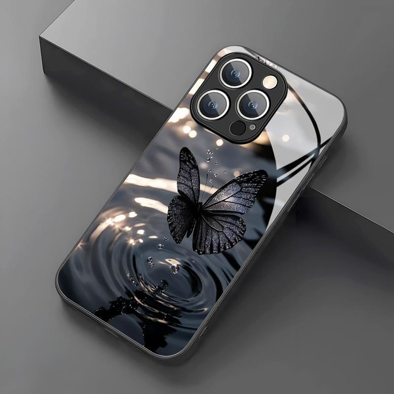 Премиальный чехол из закаленного стекла с узором "Черная бабочка" для iPhone 17 16 15 14 13 12 11 Pro Max 17Air 16E 7 Plus XR XS X
