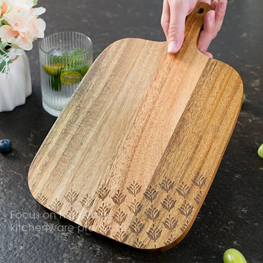 Acacia Wood Board, Wooden Cooked Food Board with Handle, Paddle, Cheese Board, Service Board for Kitchen Meat, Pizza, Cheese