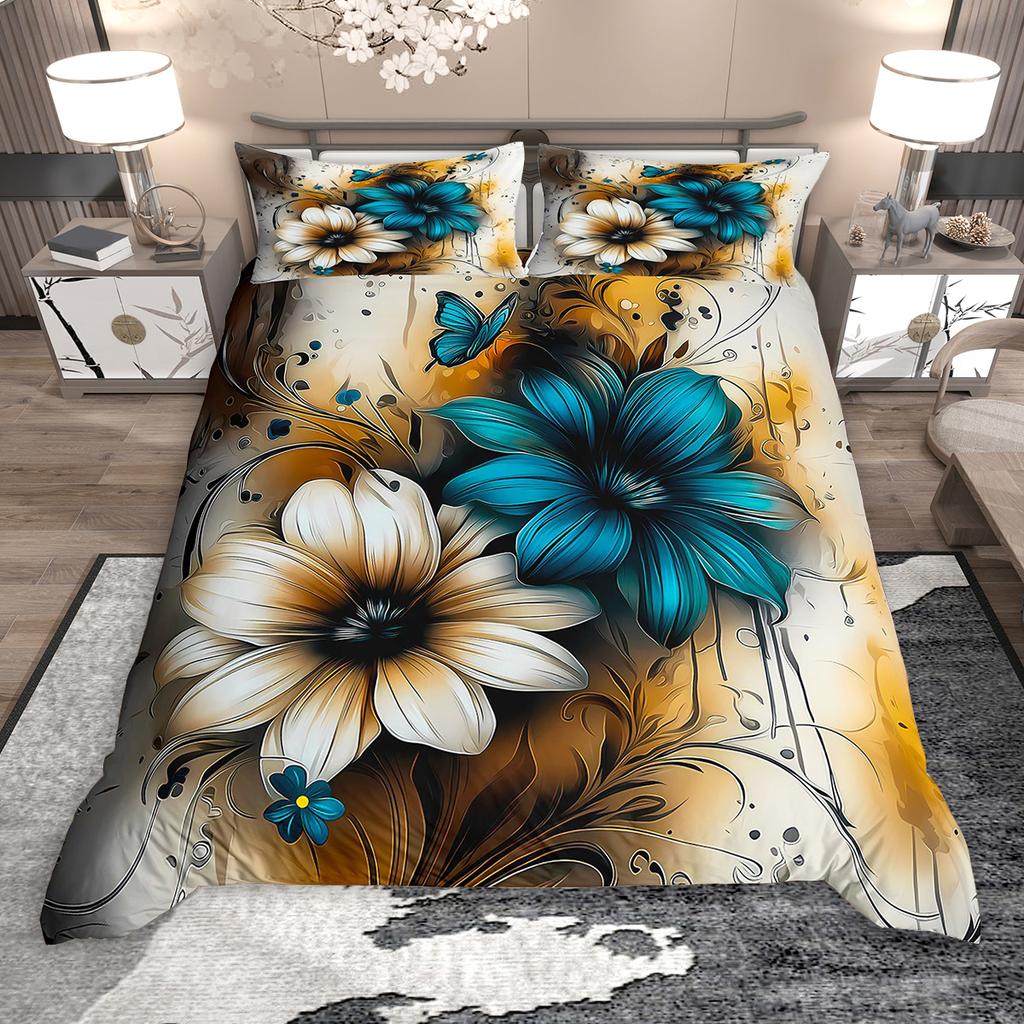 Homewish Vintage Floral Duvet Cover Set for Girls 2pcs/3pcs, Retro Tropical Flower Bedding, Oil Painting Blossoms Bed Set
