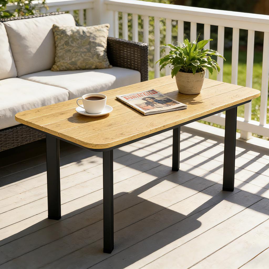 Outdoor Garden Coffee Table, Garden Table with Slatted Wood Plastic Composite Top and Metal Frame, Brown