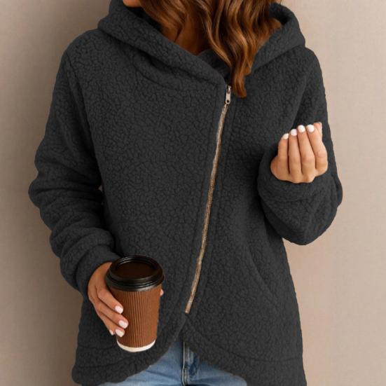 Women's Fleece Jacket Oblique Zip Up Long Sleeve Sherpa Coat Fuzzy Hooded Jacket