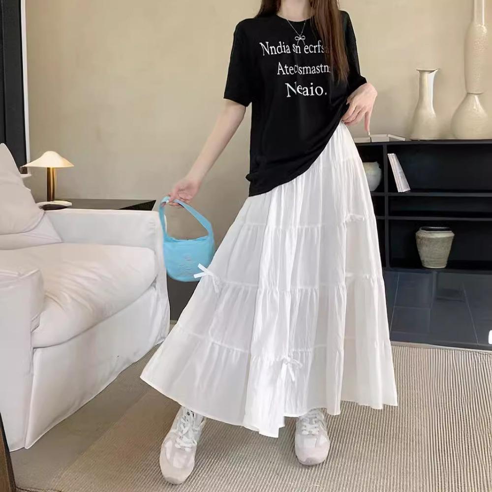 DX~~French Gentle Style Bow Half Skirt Women's Summer High Waist Skirt A-line Large Hem Mid Length Skirt