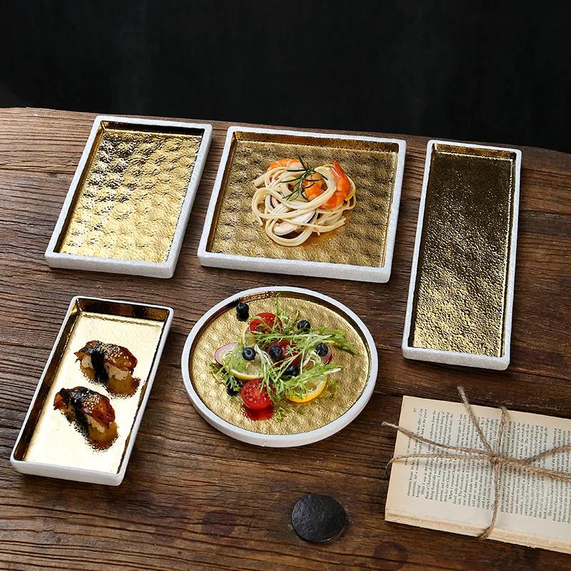 1Pcs Japanese Sushi Plate Gold-plated Ceramic Tableware Creative Steak Plate Roast Bird Barbecue Premium Sense Tray