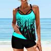 Women's Shoulder Strap Swimsuit Green Willow Leaves Print Bikini Tankini Swimsuit