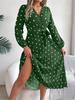 V Neck Printed Overlapping Dress Waist Hugging  Elegant Pleats Wave Point Dress for Women Long Sleeve Loose Dresses Causal Dress