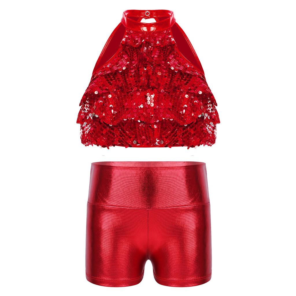 Girls Mock Neck Sleeveless Sequin Crop Top Tiered Shiny Metallic Shorts Stage Dance Outfit