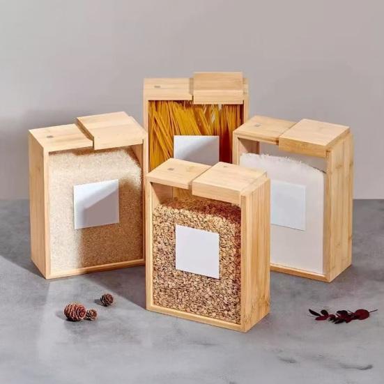 Бамбуковый дозатор для хлопьев с прозрачным окном, дозатор для еды с раздвижной крышкой, контейнер для сухих продуктов для риса, муки, макарон, закусок, организация кухонной кладовой и столешницы
