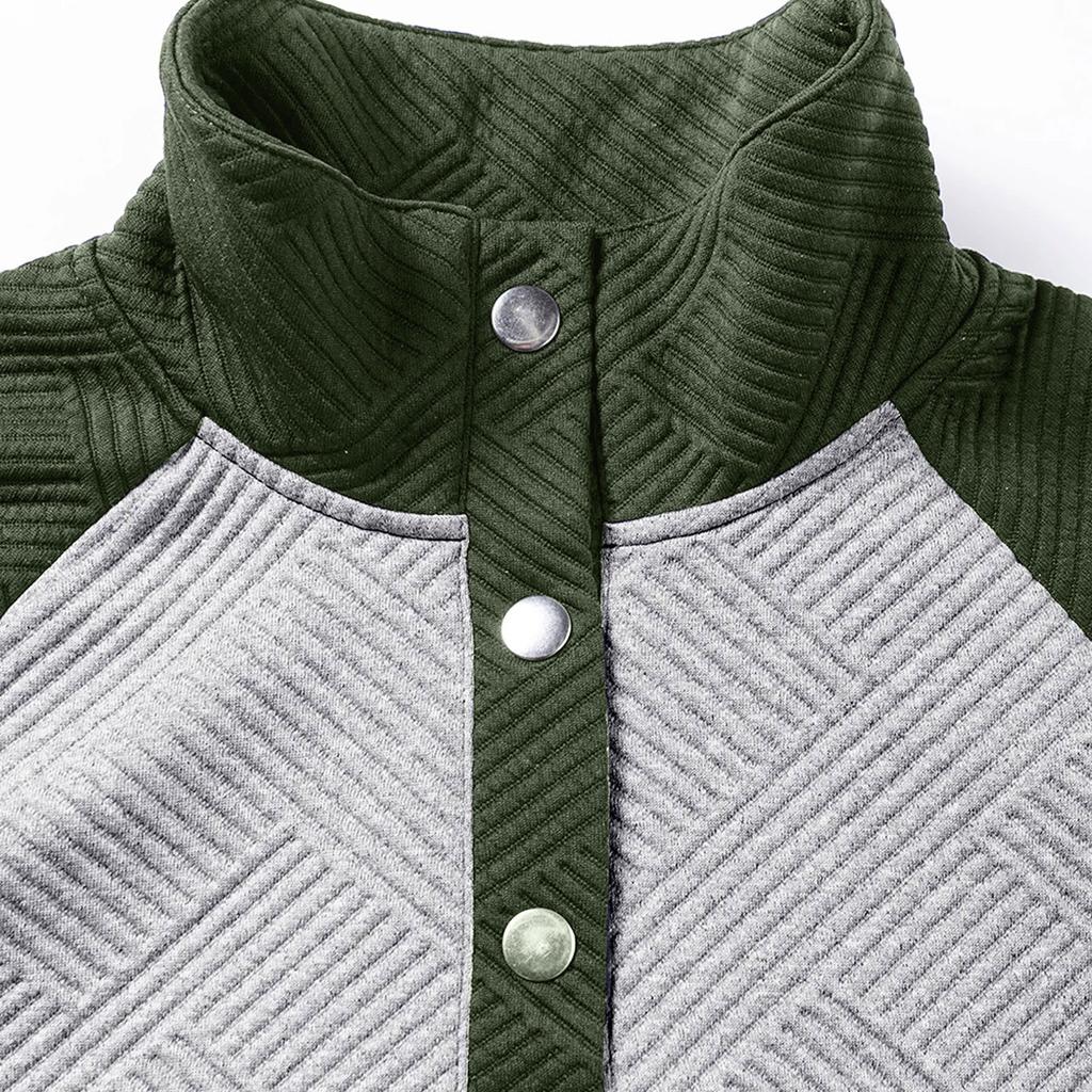 Женская повседневная и удобная толстовка с v-образным вырезом и воротником-стойкой контрастного цвета с длинными рукавами в стиле пэчворк