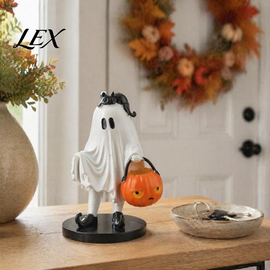 Halloween Ghost Figurine Vintage Figurine, Cute Spooky Resin Statue with Pumpkin Bucket And Black Cat for Indoor Kitchen Home Decor Trendy Room