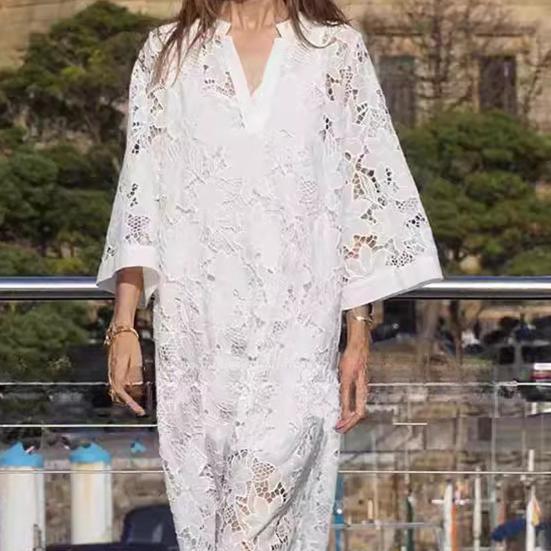 Fall Women Dress Hollow Lace Crochet Patchwork Double-layer V Neck Loose Three Quarter Sleeves Floral Embroidery Ankle Length Commuting Dating