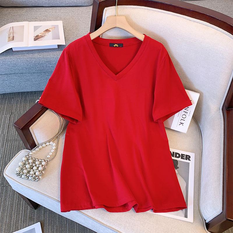 Женская футболка больших размеров летняя хлопковая с коротким рукавом свободная с V-образным вырезом