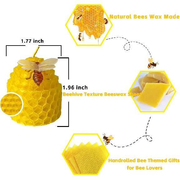 Beeswax Candles Bulk Set of 24pcs, Bee Candles with Little Bee Ornament Decors, Unscented & Dripless& Smokeless, Dia 1.77" x1.97" Each, Yellow