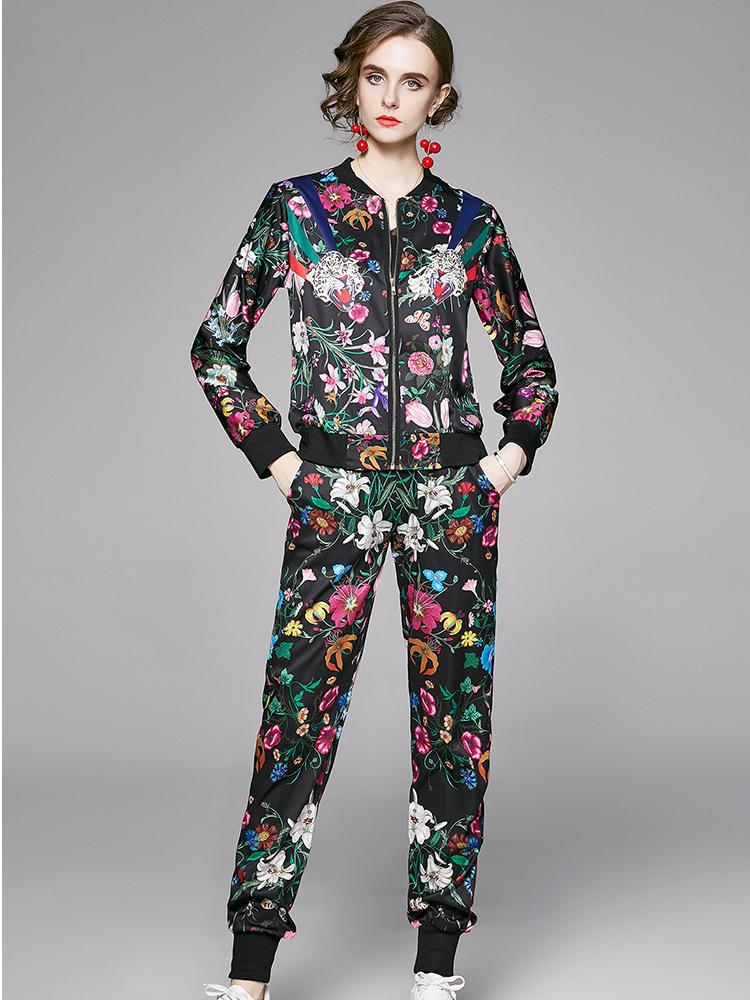 Весна-Осень Модельер с принтом Подиум Брюки Наряды Женская куртка на молнии Пальто и брюки с эластичной резинкой на талии Комплект из двух предметов Тонкий спортивный костюм