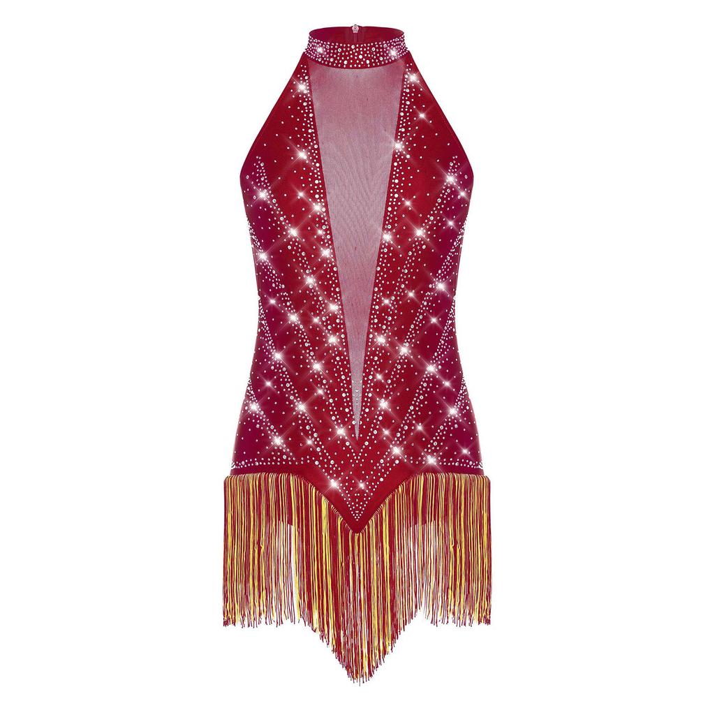 Женский трико для латиноамериканских танцев без рукавов, с прозрачными сетчатыми вставками, расшитый блестящими стразами и бахромой, костюм для танго