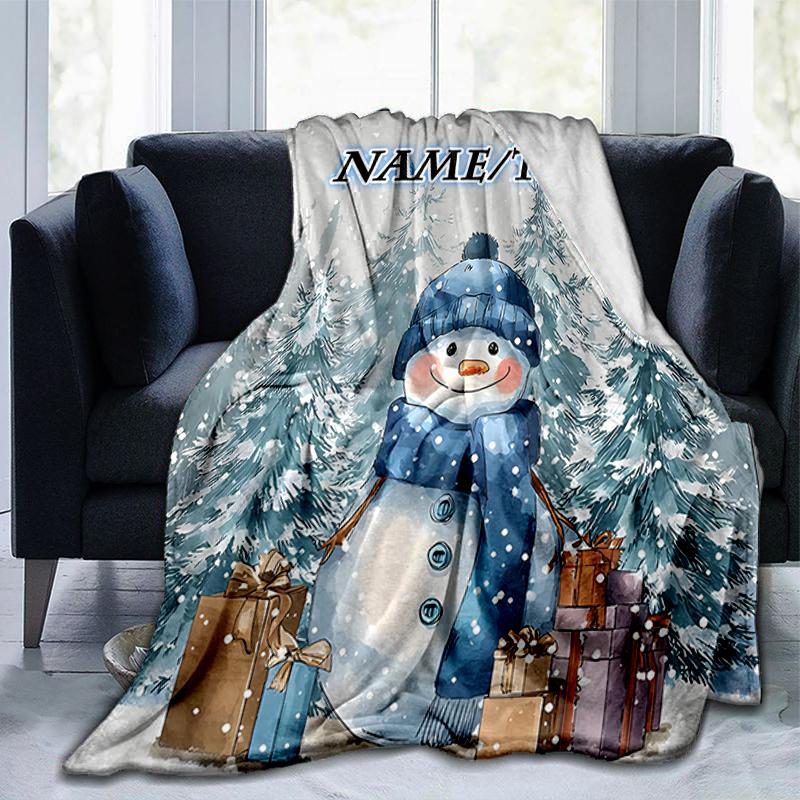 1PC Custom Name Snowman Presents Winter Scene outdooor Flannel blankets Throw Blanket All-Season Throw Gift Bedspread for Couch, Bed, Camping Holiday