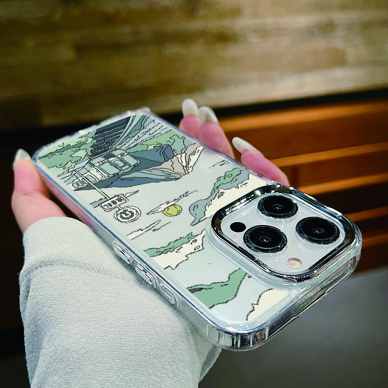 Мягкий чехол TPU с рисунком мультяшной анимационной сцены для iPhone 16 Pro Max 15 Plus 14 13 Pro 12 11 с покрытием рамки линзы прозрачный противоударный защитный чехол для телефона