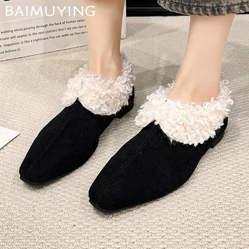 Меховые женские тапочки из хлопка с квадратным носком, замшевые туфли на низком каблуке, туфли-мюли, осенние туфли с открытой пяткой, женская мода 2025 года, трендовая мода Mujer Zapatos
