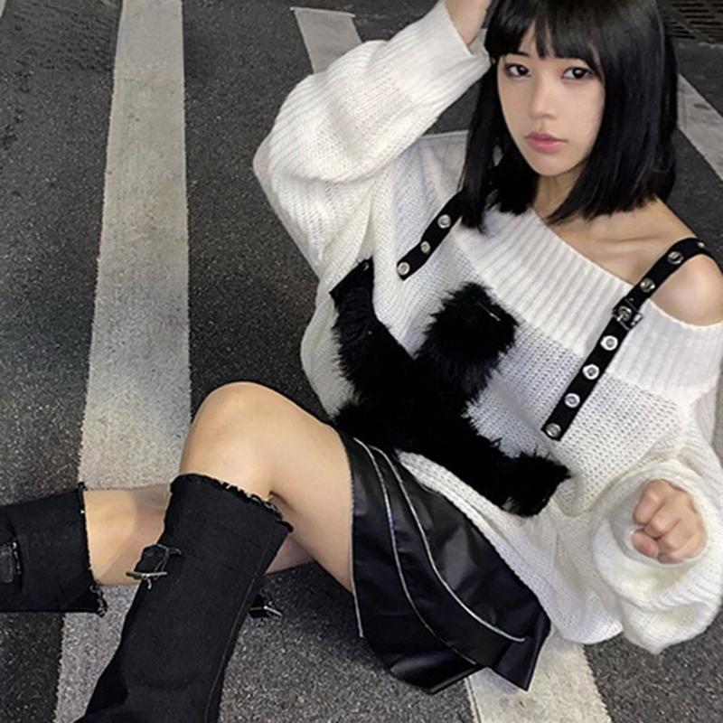 Harajuku Knitting Oversize Sweater Women White Printed Hiphop Streetwear Punk Loose Pullover Casual Women Y2k Tops Club Style
