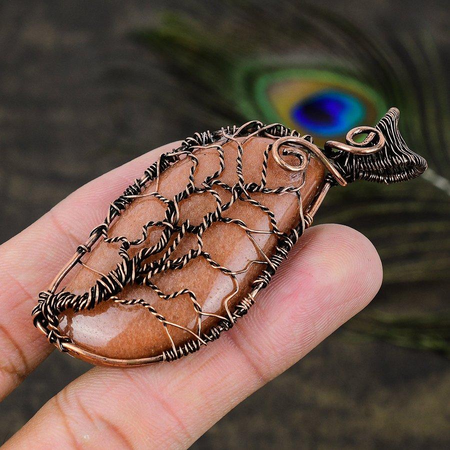 Red Sunstone Gemstone Copper Wire Wrap Jewelry Pendant 2.96