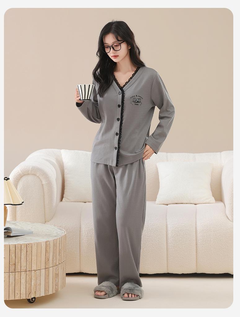 Fenteng Oxygen Sensing Cotton Ammonia Lace V-Neck Cardigan Light Sweet Pure Desire Bow Long-Sleeved Home Suit Set Women's Pajamas