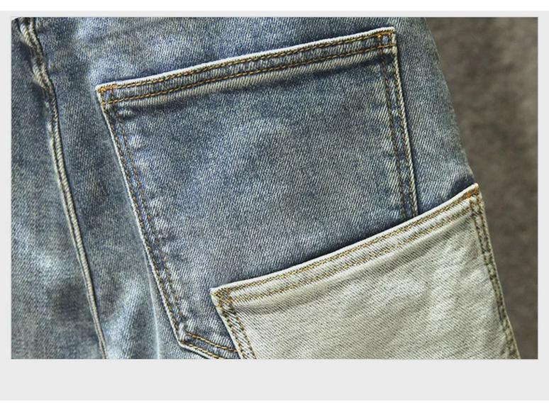 Модные мужские джинсы облегающего кроя в стиле пэчворк с множеством карманов и эластичной тканью для осени и зимы.