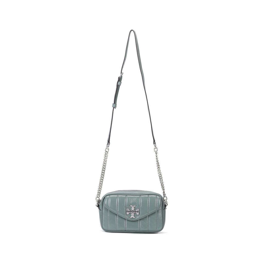Tory Burch Kira Adjustable Chain Shoulder Strap Metal Double T Logo Leather Camera Bag Women shoulder bag Light-Polar-Blue 135751-400
