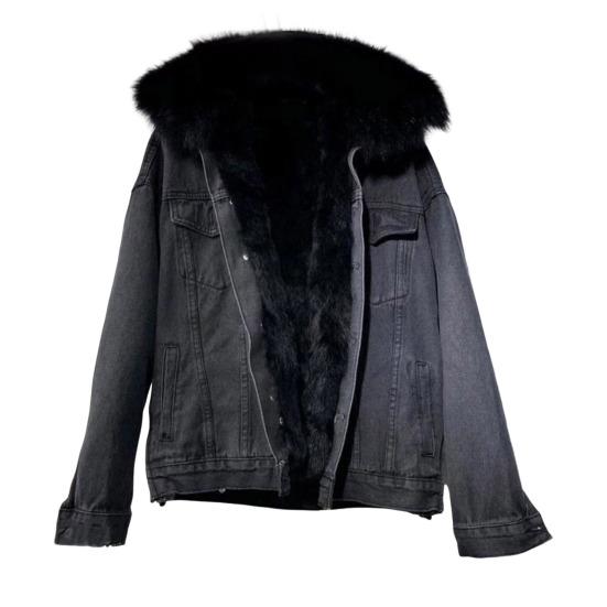 Зимняя женская куртка с меховым капюшоном, утолщенный плюш, длинные рукава, карманы, застежка на пуговицы, карманы с клапанами, пальто короткого типа, ветрозащитное теплое джинсовое пальто