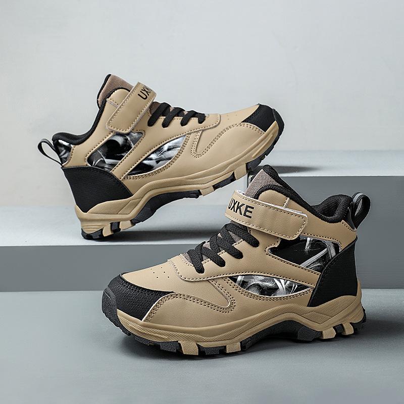 Детская спортивная обувь весна новая кожа износостойкая мальчики кроссовки с высоким верхом средних и больших размеров детская нескользящая амортизирующая повседневная обувь